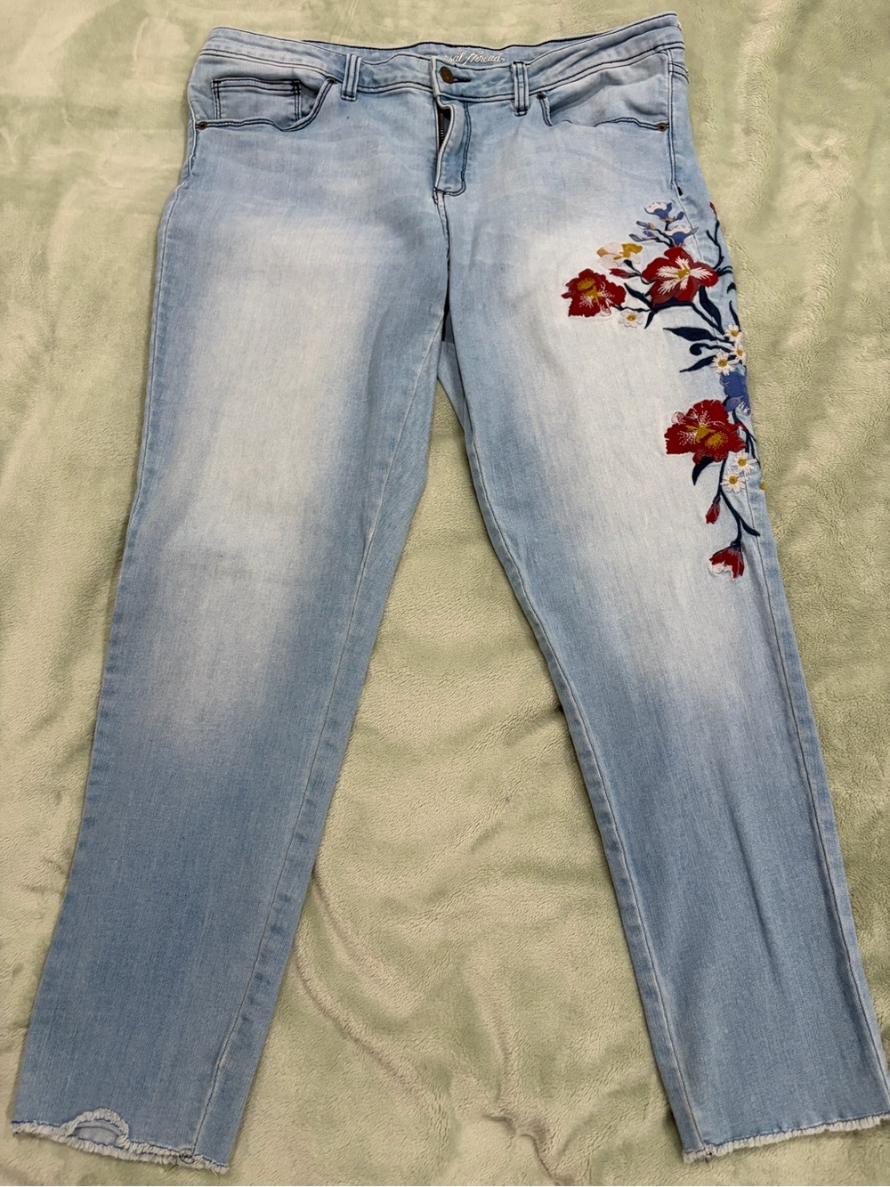 Universal Light Blue Straight Leg Jeans with Red & Navy Floral Embroidery